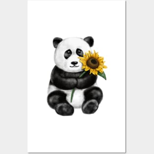 Cute Panda Holding Sunflower Posters and Art